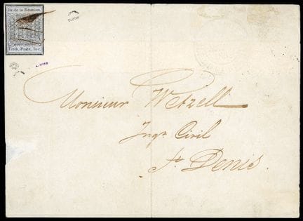Reunion, 1852, 30c black on azure OB pen mark on l