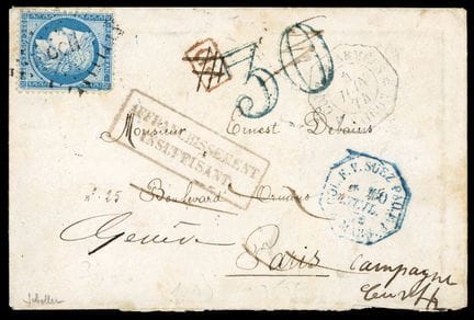 Indochina, France, 1871–1875, 25c blue OB diamond 