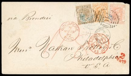 Malaca, 1867-1882, 2 c marrón, 8 c amarillo y 32 c
