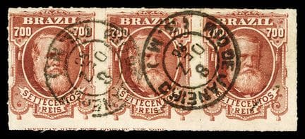 Brazil, 1878–1879, 700r reddish-brown in a strip o