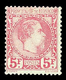 Monaco 1885, Karl III., 5 Francs karminrot auf grü