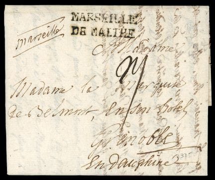 Malta, Stempel „MARSEILLE/DE MALTHE“ auf einem Bri