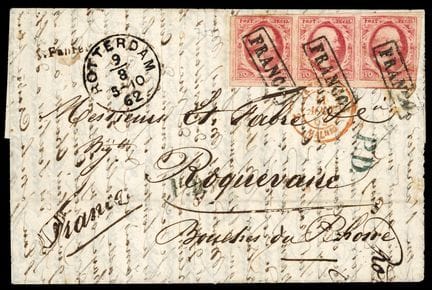 Niederlande, 1852, 10c karminrosa in 3er-Streifen,