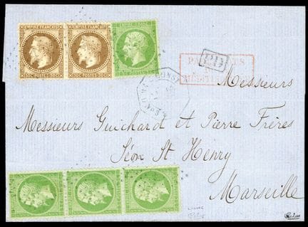 Francia, 1862, 5 c. verde (hoja de 3 + 1 ejemplare