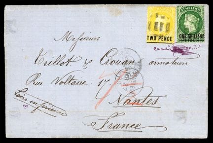 Santa Elena, 1864-1874, 2 p. amarillos y 1 s. verd