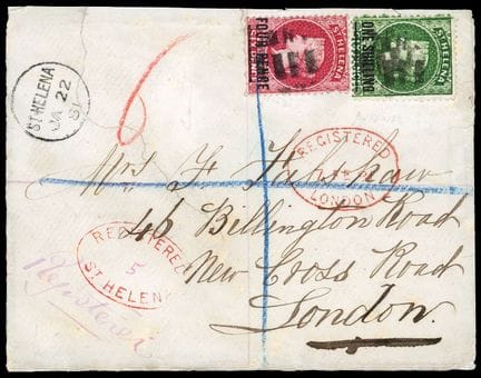 Santa Elena, 1864-1874, 4 p. carmín y 1 s. verde O