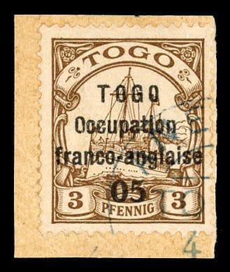 Togo, 1915, 05c auf 3pf braun OB in Blau auf Fragm