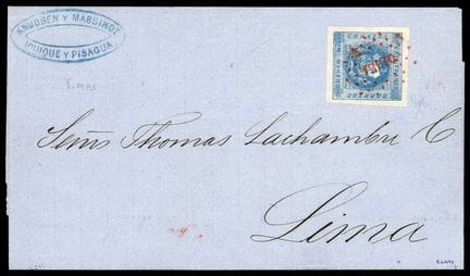 Peru, 1860, 1d blau OB, Aufdruck „YQUIQ“ in Rot au