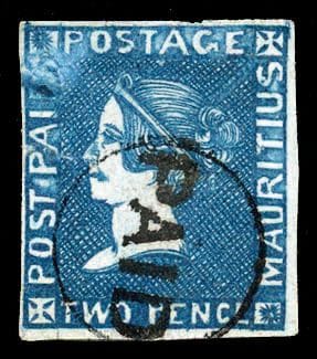 Mauricio, 1859, 2p azul OB C. PAID, ligero desgast