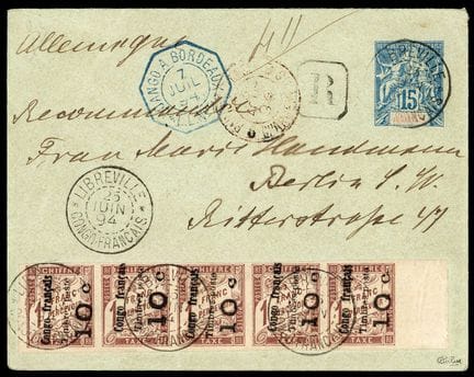 Congo, 1892, 10c on 1f brown in a strip of 5 at th