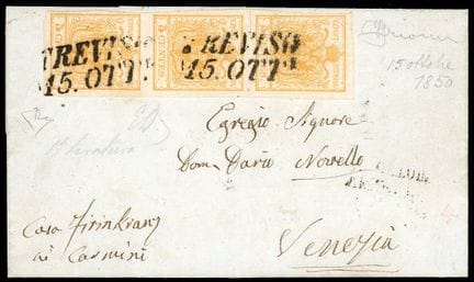 Lombardo-Venetien, 1850, 5c gelb als vertikaler Dr