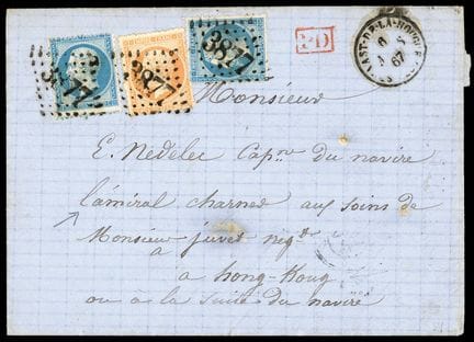 Francia, 1862, 20 céntimos azul (2 ejemplares) y 4
