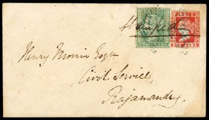 India británica, 1854, 1a roja (lámina III) con 2a