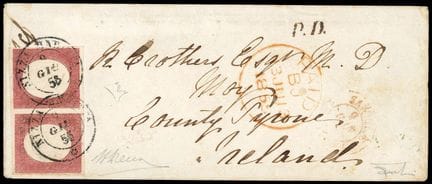 Sardinien, 1854, 40c dunkelrot im Paar OB C. NIZZA
