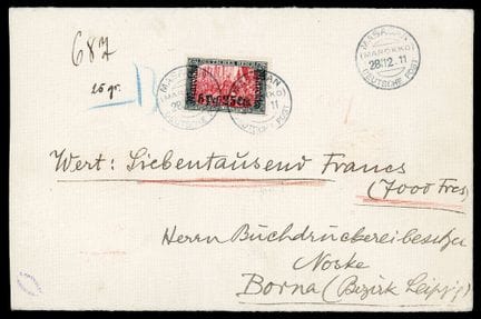 Marokko, deutsche Postämter, 1905, 6p25c auf 5m gr