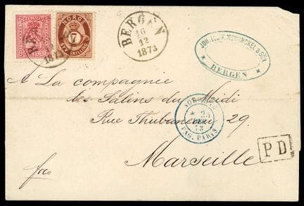 Norwegen, 1867, 8s rosa und 1871–1875, 7s braun, m