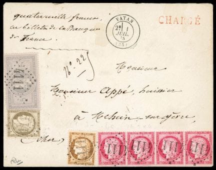 Francia, 1863-1870, 5 francos gris-violeta; 1870-1