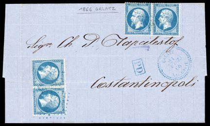 Francia, 1862, 20 céntimos azul (2 pares, uno de e