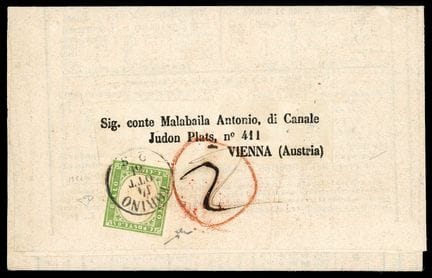 Sardinien, 1855–1861, 5c grün OB C. TORINO und 2-M