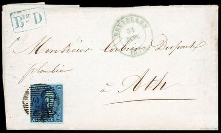 Belgium, 1849, 20c blue OB 24, "C. BRUXELLES" in b