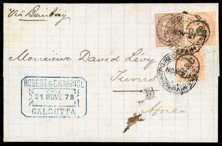 India británica, 1865-1873, 1s marrón y 2a naranja