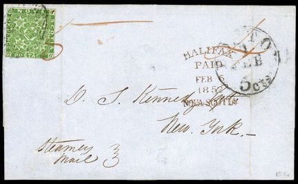 Nueva Escocia, 1851-1853, 6p verde-amarillo OB con
