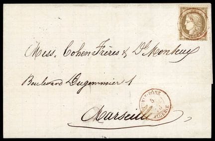 Algeria, 1871–1875, 30c brown OB C. TUNIS-BONE/ALG