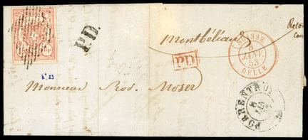 Schweiz, 1852, 15 Rp rot OB, C. PORRENTRUY auf Bri