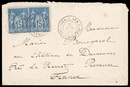 Francia, 1877-1880, 15 céntimos azul (2 ejemplares