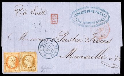 Reunion, France, 1862, 10c brown (defect) and 40c 