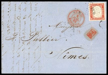 Sardinien, 1855–1863, 40c rot OB PC 1896 (Marseill