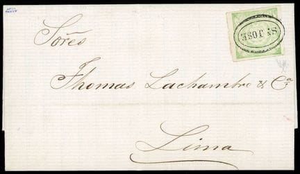 Peru, 1868, 1d grün-gelb, OB, C. Sn JOSE auf Brief