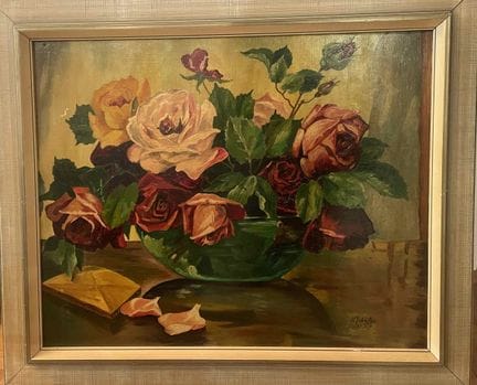 马克斯·肖弗（Max SCHOFER，1895-1966）
《静物：信件与玫瑰花束》
木板油画
右下