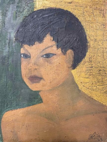 巴黎画派风格  
人物与风景，1949年  
双面油画布  
右下角签名“Carita”并标注日期，