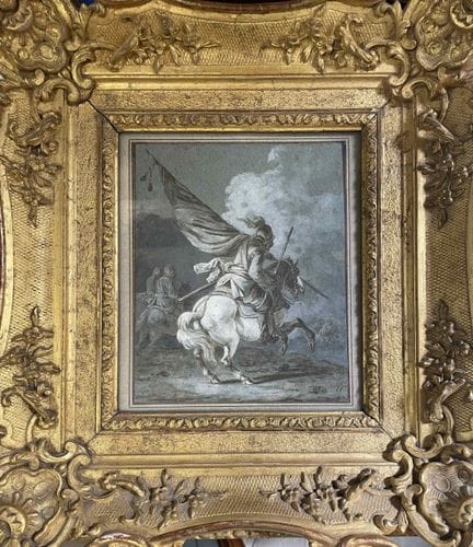 18世纪法国画派
旗手
用羽毛笔和棕色墨水绘制，棕色水洗技法，蓝色纸上以白色水粉提色
17.7 × 