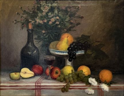 Stillleben mit Obst, einer Flasche und einem Blume