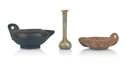 TWO ANTIQUE OIL LAMPS (LUCERNAE) AND A JAR (UNGUEN