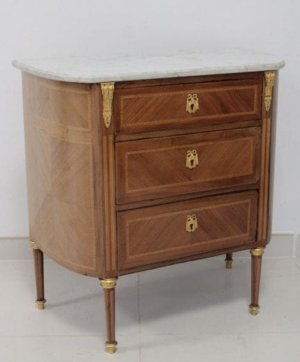 Half-moon-shaped veneered wood chest of drawers wi