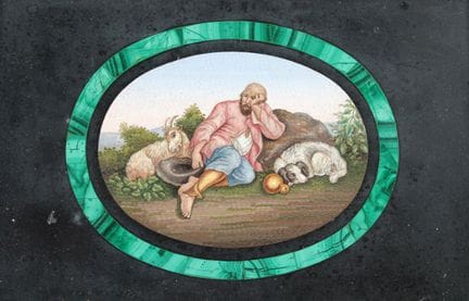 Oval-shaped micromosaic depicting a shepherd with 
