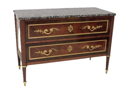 A veneered wooden chest of drawers with two front-