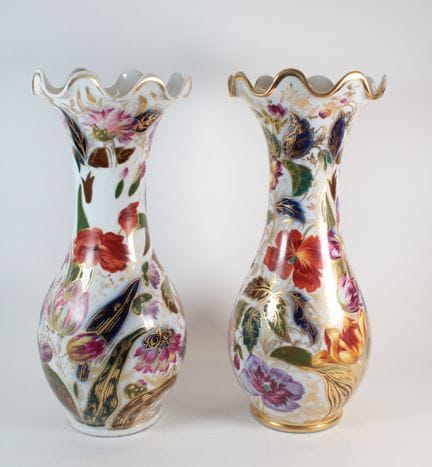 Two vases with corolla-shaped necks, made of polyc