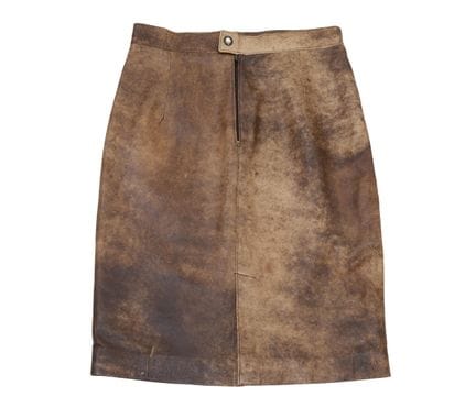 SAND-BROWN LEATHER SKIRT, STRAIGHT-CUT MIDI (BELOW