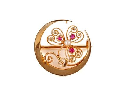 Broche florale en or rose 14 carats (585), perle d