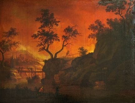 Peinture, paysage fluvial au crépuscule, début du 