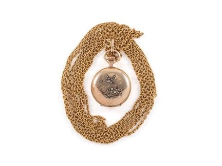 Raffinée montre de poche pour dame, or 14 carats, 