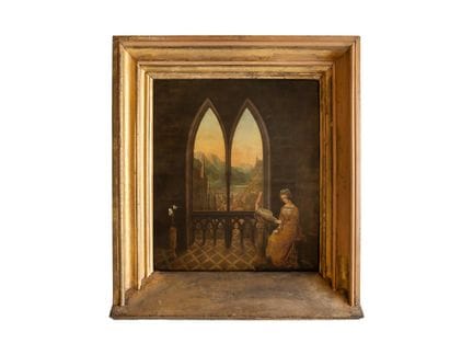 Peinture représentant une jeune femme devant un bi
