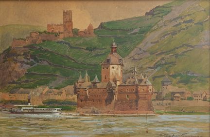 Le château de Pfalzgrafenstein sur le Rhin, gouach