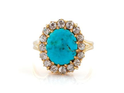 Anello in oro giallo, con turchese e diamanti tagl