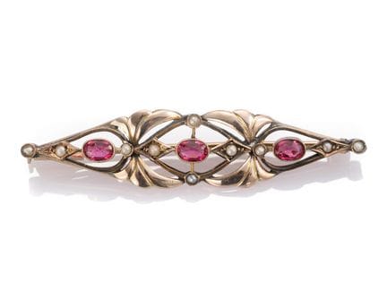 Broche ancienne en or rose 585, avec pierres rouge