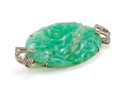 Art Deco Jadeit Jade Diamant Brosche aus 750 Weißg